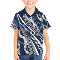 Polynesian Puakeniken Pikake Twisted Lei Family Matching Off Shoulder Short Dress and Hawaiian Shirt Navy Blue - Polynesian Pride