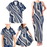 Polynesian Puakeniken Pikake Twisted Lei Family Matching Tank Maxi Dress and Hawaiian Shirt Navy Blue - Polynesian Pride