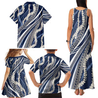 Polynesian Puakeniken Pikake Twisted Lei Family Matching Tank Maxi Dress and Hawaiian Shirt Navy Blue - Polynesian Pride
