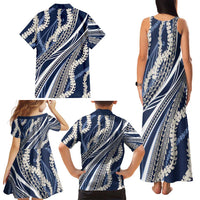 Polynesian Puakeniken Pikake Twisted Lei Family Matching Tank Maxi Dress and Hawaiian Shirt Navy Blue - Polynesian Pride
