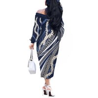 Polynesian Puakeniken Pikake Twisted Lei Off The Shoulder Long Sleeve Dress Navy Blue - Polynesian Pride