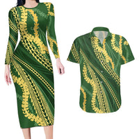 Polynesian Puakeniken Pikake Twisted Lei Couples Matching Long Sleeve Bodycon Dress and Hawaiian Shirt Emerald LT7 Emerald - Polynesian Pride