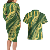 Polynesian Puakeniken Pikake Twisted Lei Couples Matching Long Sleeve Bodycon Dress and Hawaiian Shirt Emerald LT7 - Polynesian Pride