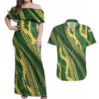 Polynesian Puakeniken Pikake Twisted Lei Couples Matching Off Shoulder Maxi Dress and Hawaiian Shirt Emerald LT7 Emerald - Polynesian Pride