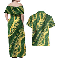 Polynesian Puakeniken Pikake Twisted Lei Couples Matching Off Shoulder Maxi Dress and Hawaiian Shirt Emerald - Polynesian Pride
