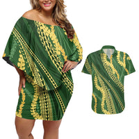 Polynesian Puakeniken Pikake Twisted Lei Couples Matching Off Shoulder Short Dress and Hawaiian Shirt Emerald LT7 Emerald - Polynesian Pride