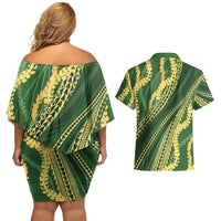Polynesian Puakeniken Pikake Twisted Lei Couples Matching Off Shoulder Short Dress and Hawaiian Shirt Emerald LT7 - Polynesian Pride