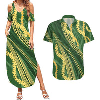 Polynesian Puakeniken Pikake Twisted Lei Couples Matching Summer Maxi Dress and Hawaiian Shirt Emerald - Polynesian Pride