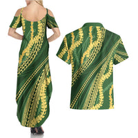 Polynesian Puakeniken Pikake Twisted Lei Couples Matching Summer Maxi Dress and Hawaiian Shirt Emerald LT7 - Polynesian Pride