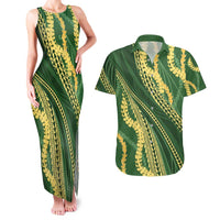 Polynesian Puakeniken Pikake Twisted Lei Couples Matching Tank Maxi Dress and Hawaiian Shirt Emerald - Polynesian Pride