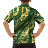 Polynesian Puakeniken Pikake Twisted Lei Family Matching Long Sleeve Bodycon Dress and Hawaiian Shirt Emerald - Polynesian Pride