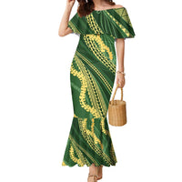 Polynesian Puakeniken Pikake Twisted Lei Family Matching Mermaid Dress and Hawaiian Shirt Emerald - Polynesian Pride