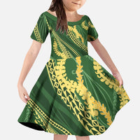 Polynesian Puakeniken Pikake Twisted Lei Family Matching Off The Shoulder Long Sleeve Dress and Hawaiian Shirt Emerald - Polynesian Pride