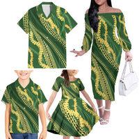 Polynesian Puakeniken Pikake Twisted Lei Family Matching Off The Shoulder Long Sleeve Dress and Hawaiian Shirt Emerald - Polynesian Pride