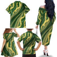 Polynesian Puakeniken Pikake Twisted Lei Family Matching Off The Shoulder Long Sleeve Dress and Hawaiian Shirt Emerald - Polynesian Pride