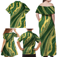 Polynesian Puakeniken Pikake Twisted Lei Family Matching Off Shoulder Maxi Dress and Hawaiian Shirt Emerald - Polynesian Pride