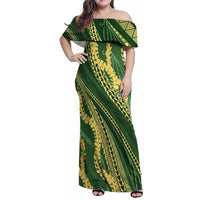 Polynesian Puakeniken Pikake Twisted Lei Family Matching Off Shoulder Maxi Dress and Hawaiian Shirt Emerald LT7 Mom's Dress Emerald - Polynesian Pride