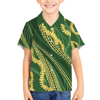 Polynesian Puakeniken Pikake Twisted Lei Family Matching Off Shoulder Maxi Dress and Hawaiian Shirt Emerald LT7 Son's Shirt Emerald - Polynesian Pride