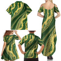 Polynesian Puakeniken Pikake Twisted Lei Family Matching Summer Maxi Dress and Hawaiian Shirt Emerald - Polynesian Pride