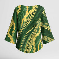 Polynesian Puakeniken Pikake Twisted Lei Kimono Sleeve Blouse Emerald - Polynesian Pride