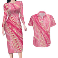 Polynesian Puakeniken Pikake Twisted Lei Couples Matching Long Sleeve Bodycon Dress and Hawaiian Shirt Rose Pink - Polynesian Pride