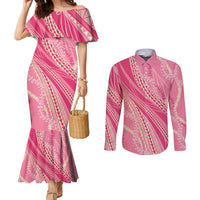 Polynesian Puakeniken Pikake Twisted Lei Couples Matching Mermaid Dress and Long Sleeve Button Shirt Rose Pink - Polynesian Pride