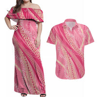 Polynesian Puakeniken Pikake Twisted Lei Couples Matching Off Shoulder Maxi Dress and Hawaiian Shirt Rose Pink LT7 Rose Pink - Polynesian Pride