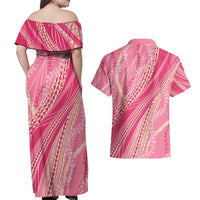 Polynesian Puakeniken Pikake Twisted Lei Couples Matching Off Shoulder Maxi Dress and Hawaiian Shirt Rose Pink - Polynesian Pride