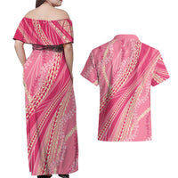 Polynesian Puakeniken Pikake Twisted Lei Couples Matching Off Shoulder Maxi Dress and Hawaiian Shirt Rose Pink LT7 - Polynesian Pride