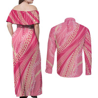 Polynesian Puakeniken Pikake Twisted Lei Couples Matching Off Shoulder Maxi Dress and Long Sleeve Button Shirt Rose Pink LT7 - Polynesian Pride