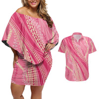 Polynesian Puakeniken Pikake Twisted Lei Couples Matching Off Shoulder Short Dress and Hawaiian Shirt Rose Pink LT7 Rose Pink - Polynesian Pride