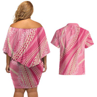 Polynesian Puakeniken Pikake Twisted Lei Couples Matching Off Shoulder Short Dress and Hawaiian Shirt Rose Pink LT7 - Polynesian Pride