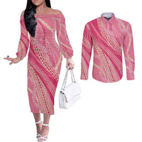 Polynesian Puakeniken Pikake Twisted Lei Couples Matching Off The Shoulder Long Sleeve Dress and Long Sleeve Button Shirt Rose Pink LT7 Rose Pink - Polynesian Pride