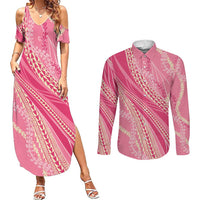 Polynesian Puakeniken Pikake Twisted Lei Couples Matching Summer Maxi Dress and Long Sleeve Button Shirt Rose Pink LT7 Rose Pink - Polynesian Pride