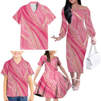 Polynesian Puakeniken Pikake Twisted Lei Family Matching Off The Shoulder Long Sleeve Dress and Hawaiian Shirt Rose Pink - Polynesian Pride