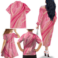 Polynesian Puakeniken Pikake Twisted Lei Family Matching Off The Shoulder Long Sleeve Dress and Hawaiian Shirt Rose Pink - Polynesian Pride