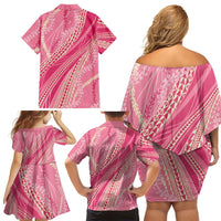 Polynesian Puakeniken Pikake Twisted Lei Family Matching Off Shoulder Short Dress and Hawaiian Shirt Rose Pink LT7 - Polynesian Pride
