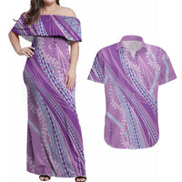 Polynesian Puakeniken Pikake Twisted Lei Couples Matching Off Shoulder Maxi Dress and Hawaiian Shirt Amethys LT7 Amethys - Polynesian Pride