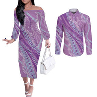Polynesian Puakeniken Pikake Twisted Lei Couples Matching Off The Shoulder Long Sleeve Dress and Long Sleeve Button Shirt Amethys LT7 Amethys - Polynesian Pride