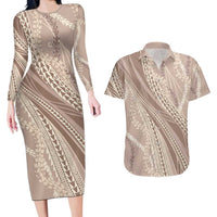 Polynesian Puakeniken Pikake Twisted Lei Couples Matching Long Sleeve Bodycon Dress and Hawaiian Shirt Beige LT7 Beige - Polynesian Pride