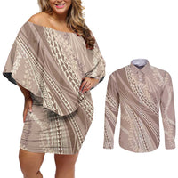 Polynesian Puakeniken Pikake Twisted Lei Couples Matching Off Shoulder Short Dress and Long Sleeve Button Shirt Beige LT7 Beige - Polynesian Pride