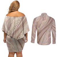 Polynesian Puakeniken Pikake Twisted Lei Couples Matching Off Shoulder Short Dress and Long Sleeve Button Shirt Beige LT7 - Polynesian Pride