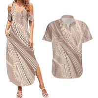 Polynesian Puakeniken Pikake Twisted Lei Couples Matching Summer Maxi Dress and Hawaiian Shirt Beige - Polynesian Pride