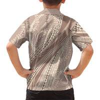 Polynesian Puakeniken Pikake Twisted Lei Family Matching Off The Shoulder Long Sleeve Dress and Hawaiian Shirt Beige LT7 - Polynesian Pride