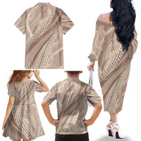 Polynesian Puakeniken Pikake Twisted Lei Family Matching Off The Shoulder Long Sleeve Dress and Hawaiian Shirt Beige - Polynesian Pride