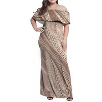Polynesian Puakeniken Pikake Twisted Lei Family Matching Off Shoulder Maxi Dress and Hawaiian Shirt Beige - Polynesian Pride