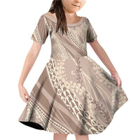 Polynesian Puakeniken Pikake Twisted Lei Family Matching Off Shoulder Short Dress and Hawaiian Shirt Beige - Polynesian Pride