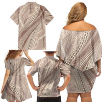 Polynesian Puakeniken Pikake Twisted Lei Family Matching Off Shoulder Short Dress and Hawaiian Shirt Beige - Polynesian Pride