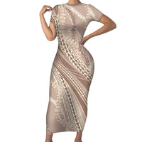 Polynesian Puakeniken Pikake Twisted Lei Family Matching Short Sleeve Bodycon Dress and Hawaiian Shirt Beige LT7 Mom's Dress Beige - Polynesian Pride