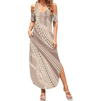 Polynesian Puakeniken Pikake Twisted Lei Family Matching Summer Maxi Dress and Hawaiian Shirt Beige - Polynesian Pride